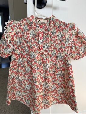 Floral Smocked Short-Sleeve Top in Cream with Red Flowers